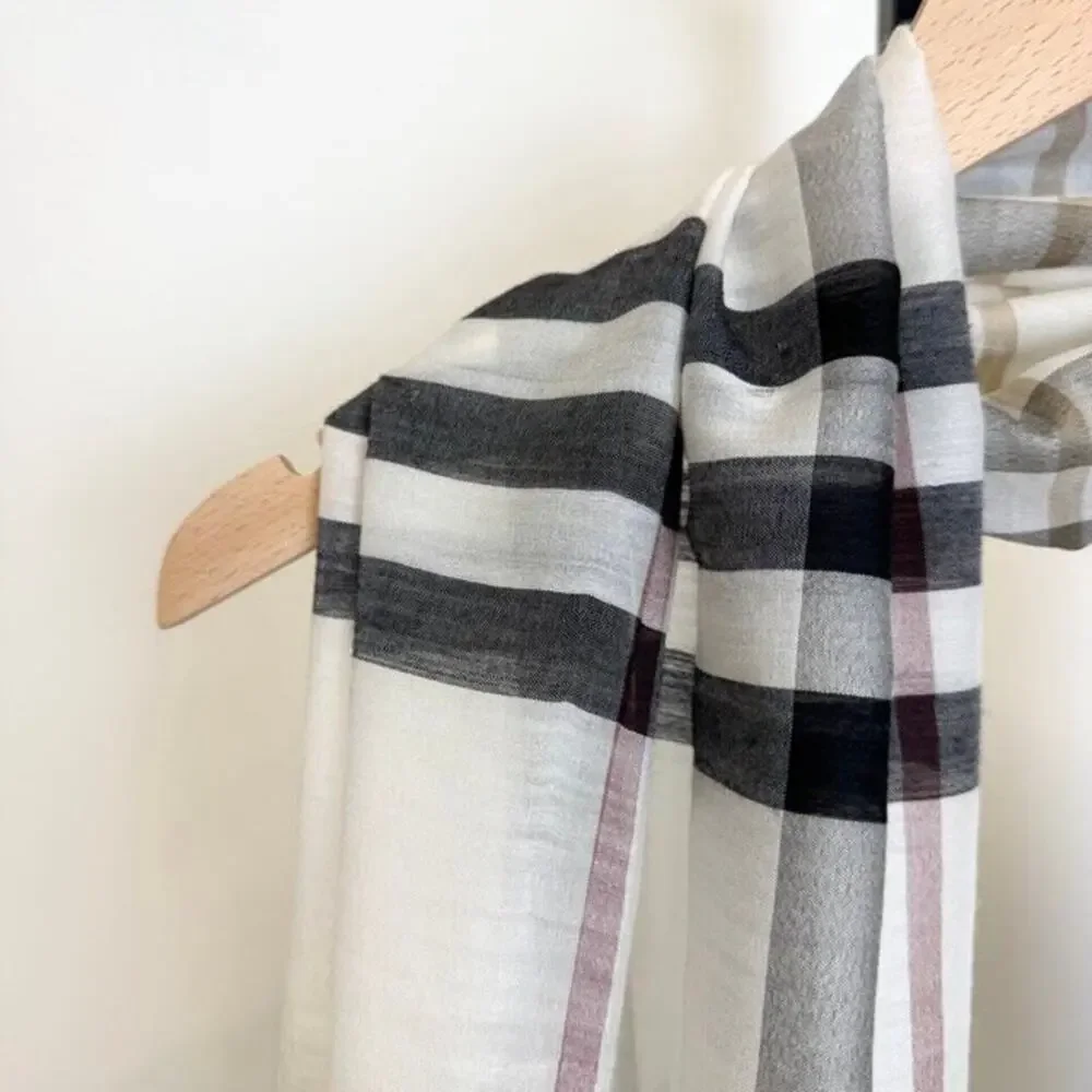 Burberry Lightweight Wool Silk Blend Scarf Large Check Print Frayed Edges